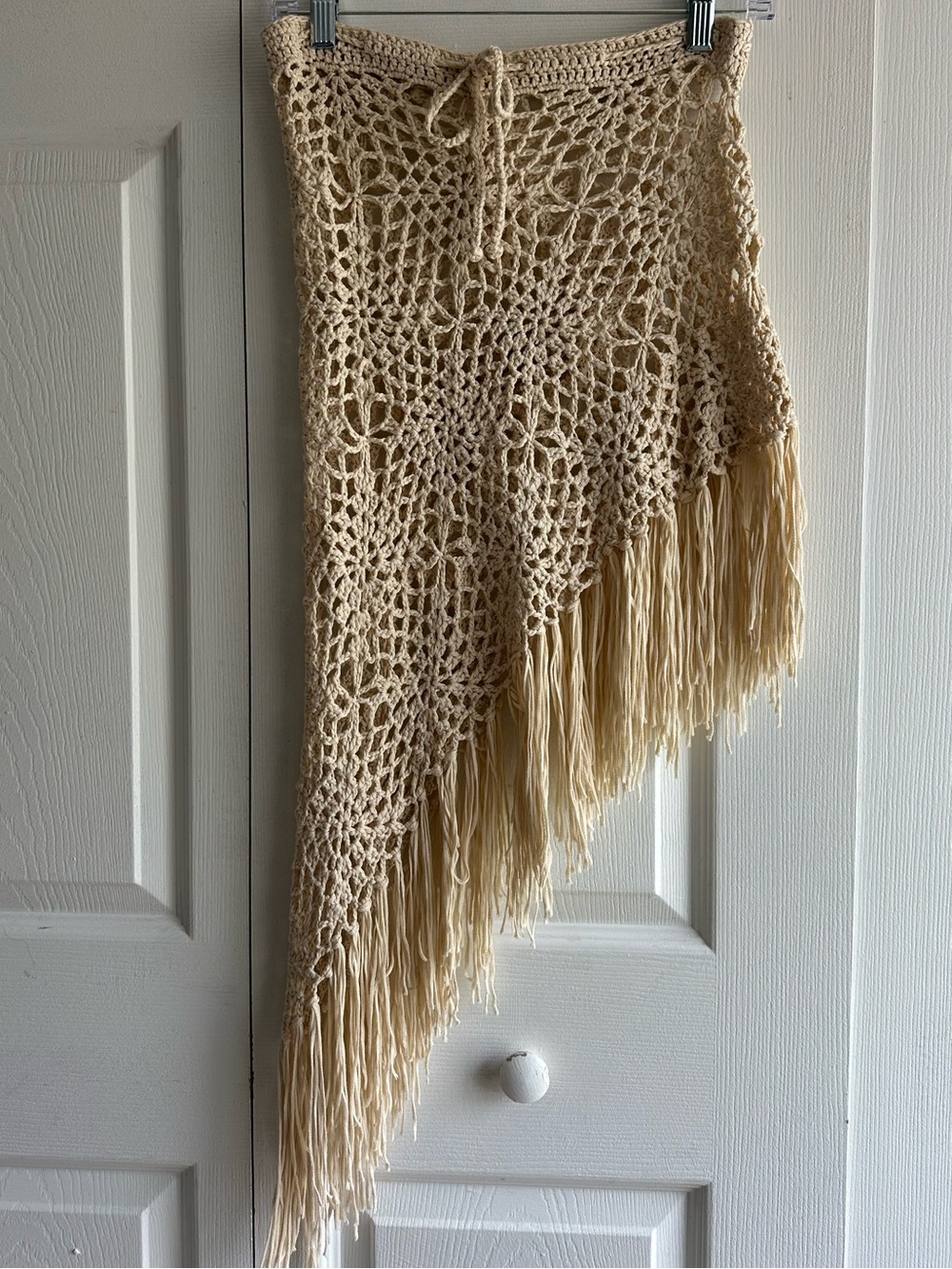 Crochet Fringe Asymmetrical Hippie Retro Bohemian Skirt - Sarong in Cream S/M